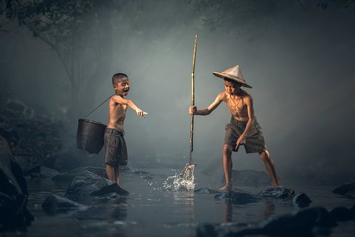 Children, Fishing, Teamwork, Together